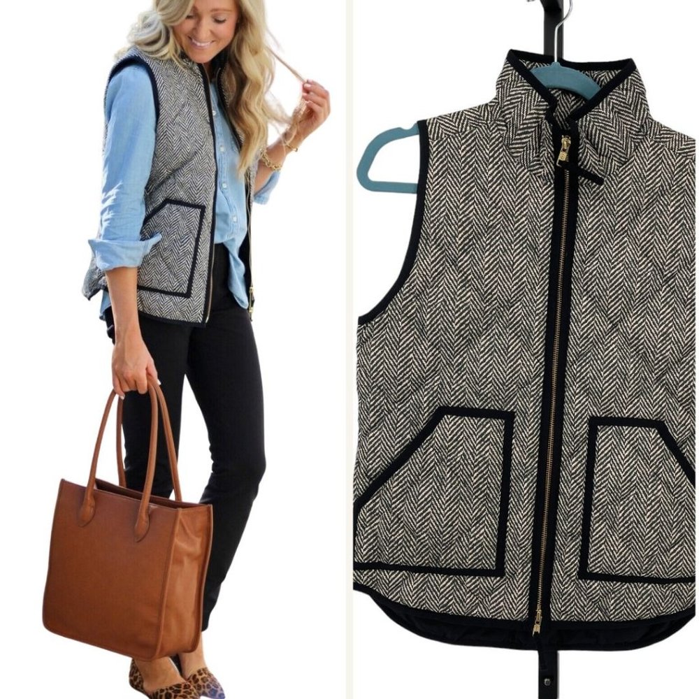 J Crew Quilted Excursion Down Vest XS Sleeveless Contrast Trim Full Zip Gray
